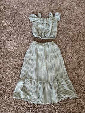 Striped Girls Two-Piece Ruffle Set in Sage Green